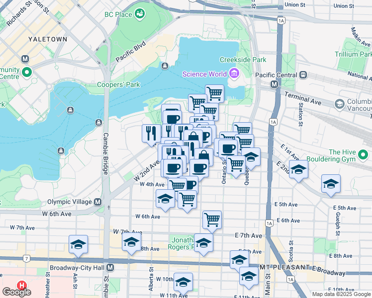 map of restaurants, bars, coffee shops, grocery stores, and more near in Vancouver