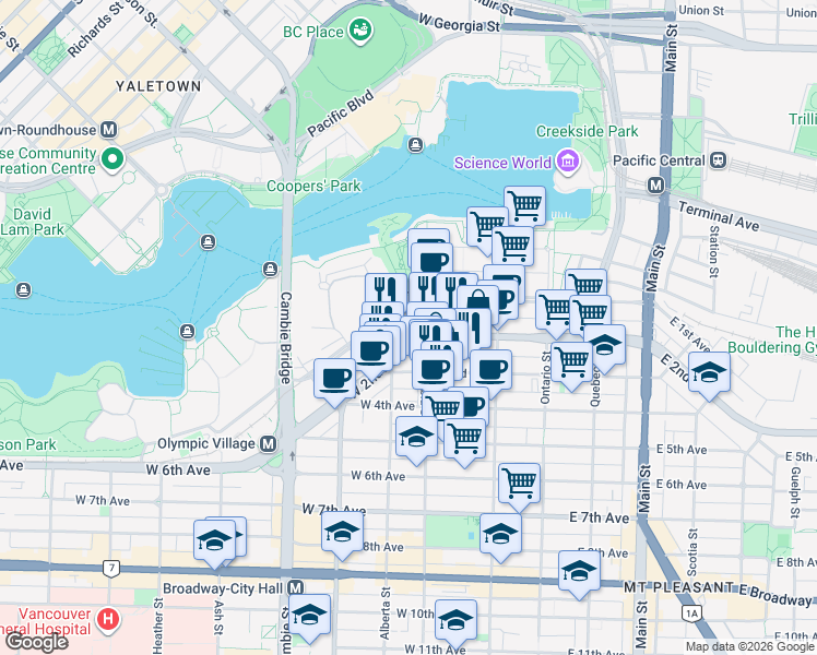 map of restaurants, bars, coffee shops, grocery stores, and more near in Vancouver