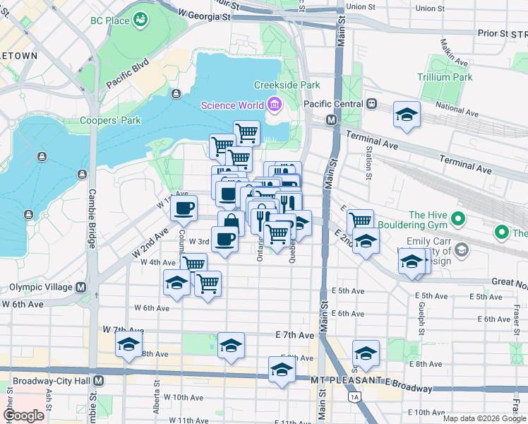 map of restaurants, bars, coffee shops, grocery stores, and more near 1788 Ontario Street in Vancouver