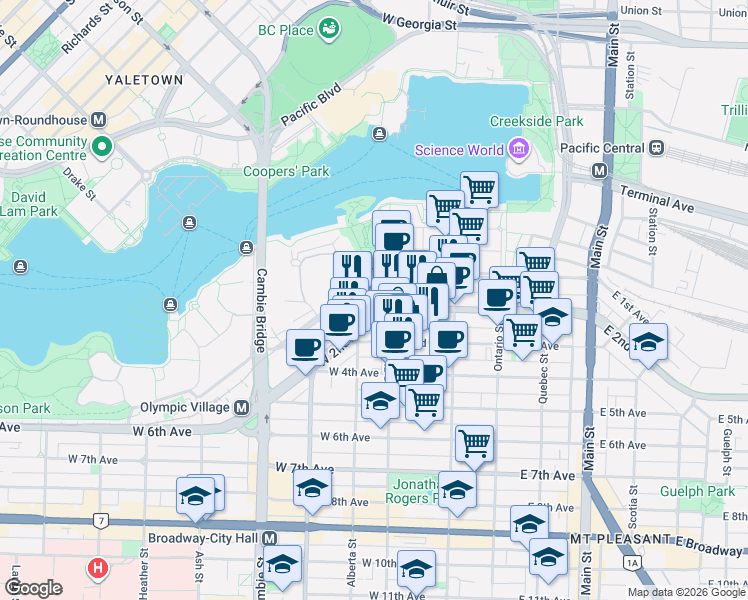 map of restaurants, bars, coffee shops, grocery stores, and more near 1768 Cook Street in Vancouver