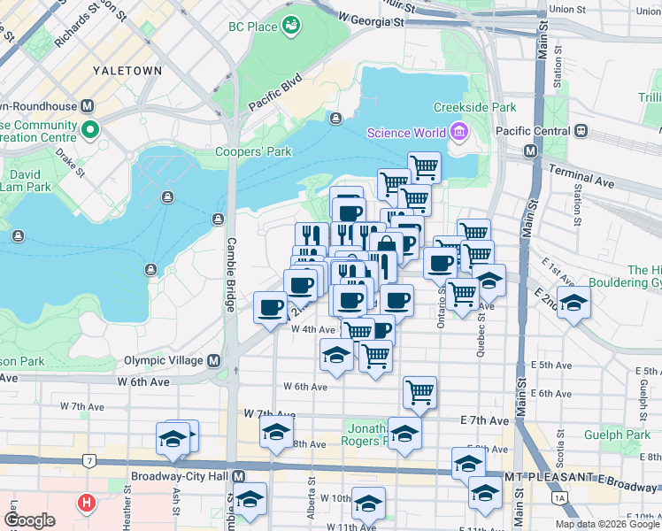 map of restaurants, bars, coffee shops, grocery stores, and more near in Vancouver