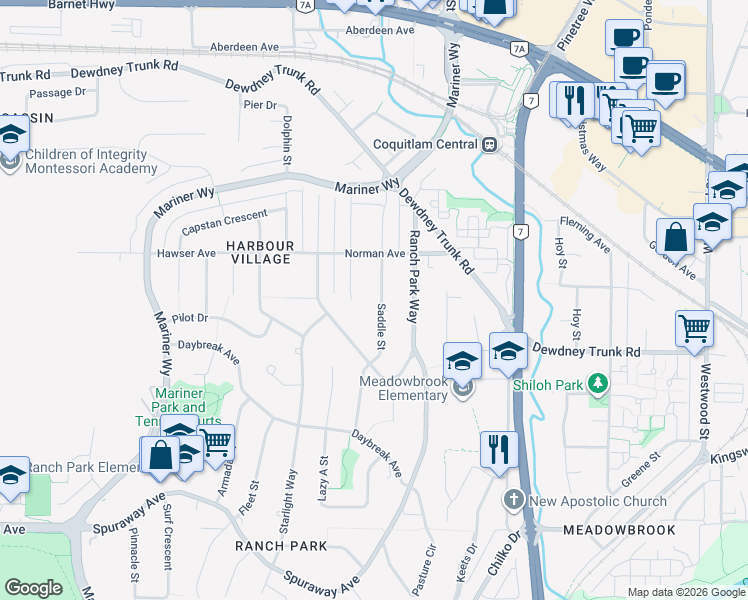 map of restaurants, bars, coffee shops, grocery stores, and more near 992 Saddle Street in Coquitlam