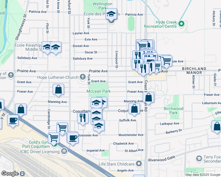 map of restaurants, bars, coffee shops, grocery stores, and more near 3126 Wellington Street in Port Coquitlam