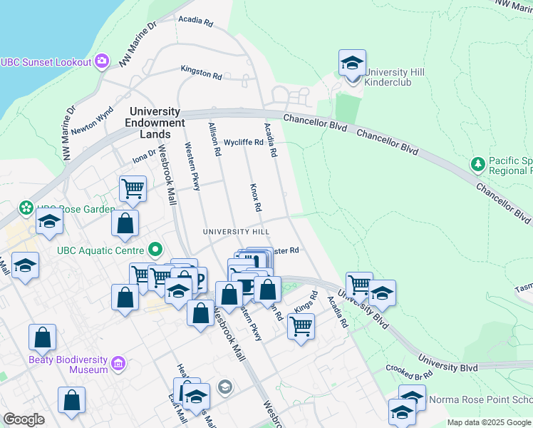 map of restaurants, bars, coffee shops, grocery stores, and more near 5595 College Highroad in Vancouver