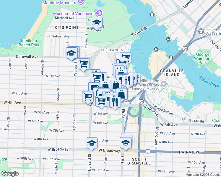 map of restaurants, bars, coffee shops, grocery stores, and more near in Vancouver