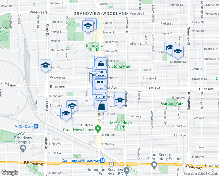 map of restaurants, bars, coffee shops, grocery stores, and more near 111 East 1st Avenue in Vancouver