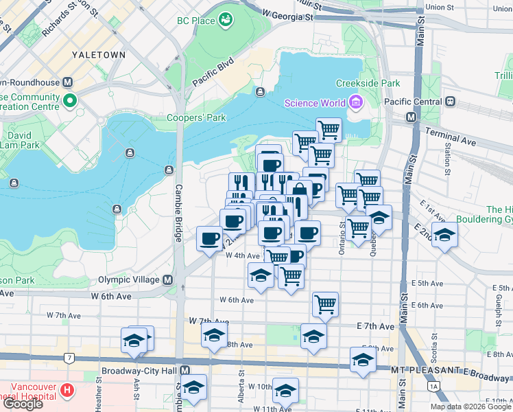 map of restaurants, bars, coffee shops, grocery stores, and more near in Vancouver