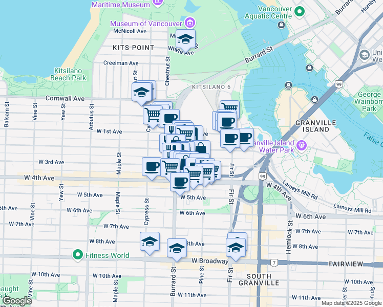 map of restaurants, bars, coffee shops, grocery stores, and more near 1738 West 3rd Avenue in Vancouver