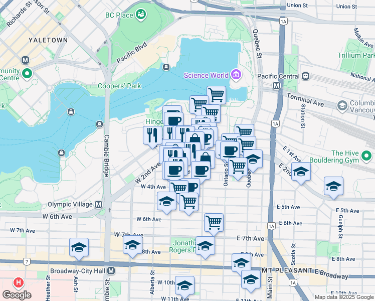 map of restaurants, bars, coffee shops, grocery stores, and more near 159 West 2nd Avenue in Vancouver