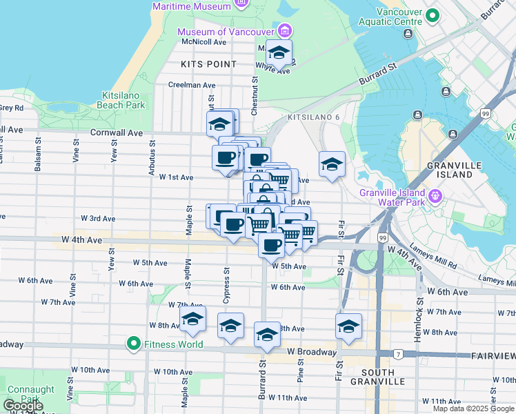 map of restaurants, bars, coffee shops, grocery stores, and more near 1770 West 3rd Avenue in Vancouver