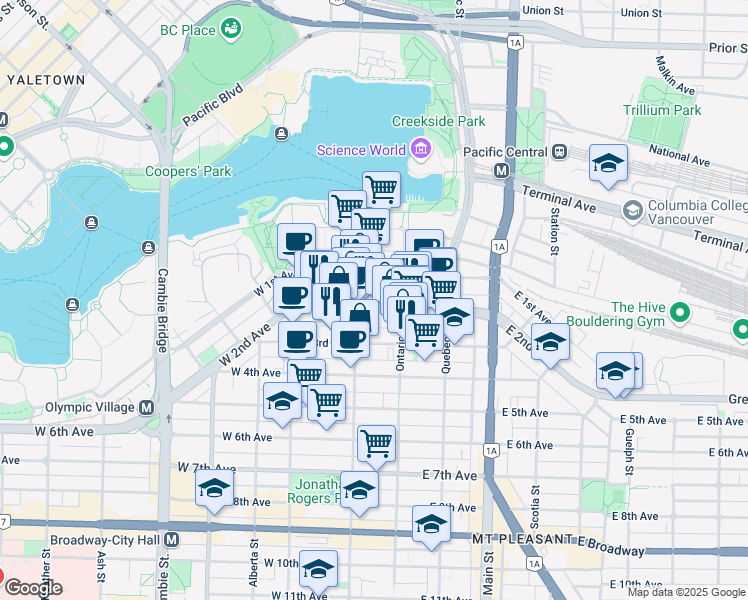 map of restaurants, bars, coffee shops, grocery stores, and more near in Vancouver
