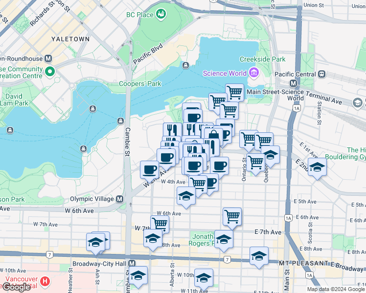 map of restaurants, bars, coffee shops, grocery stores, and more near 1768 Cook Street in Vancouver