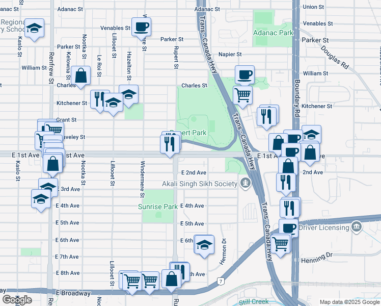 map of restaurants, bars, coffee shops, grocery stores, and more near 3401 East 1st Avenue in Vancouver