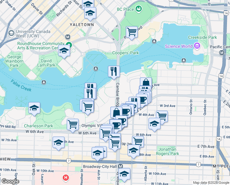 map of restaurants, bars, coffee shops, grocery stores, and more near 1869 Spyglass Place in Vancouver