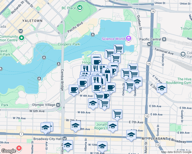 map of restaurants, bars, coffee shops, grocery stores, and more near 1788 Columbia Street in Vancouver