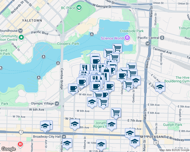 map of restaurants, bars, coffee shops, grocery stores, and more near Columbia Street in Metro Vancouver