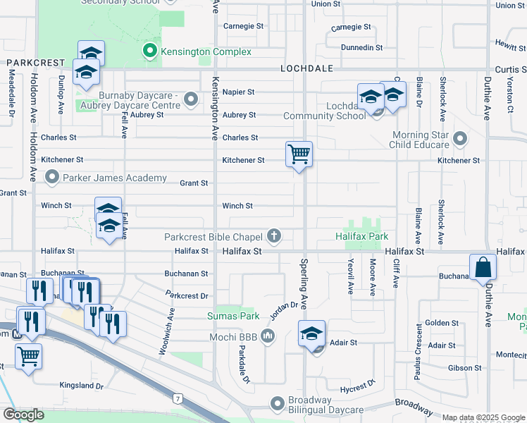 map of restaurants, bars, coffee shops, grocery stores, and more near 6650 Winch Street in Burnaby