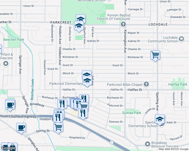 map of restaurants, bars, coffee shops, grocery stores, and more near 1620 Fell Avenue in Burnaby