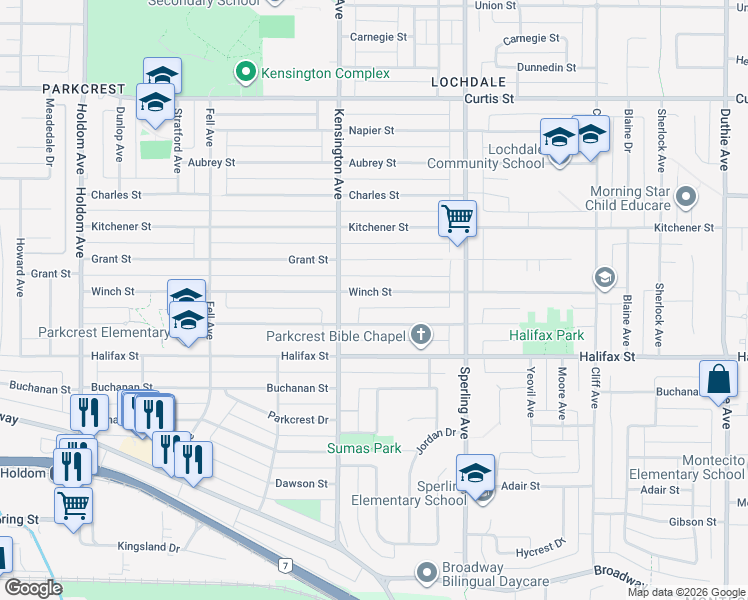 map of restaurants, bars, coffee shops, grocery stores, and more near 6560 Winch Street in Burnaby