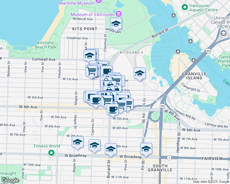 map of restaurants, bars, coffee shops, grocery stores, and more near 1787 West 4th Avenue in Vancouver