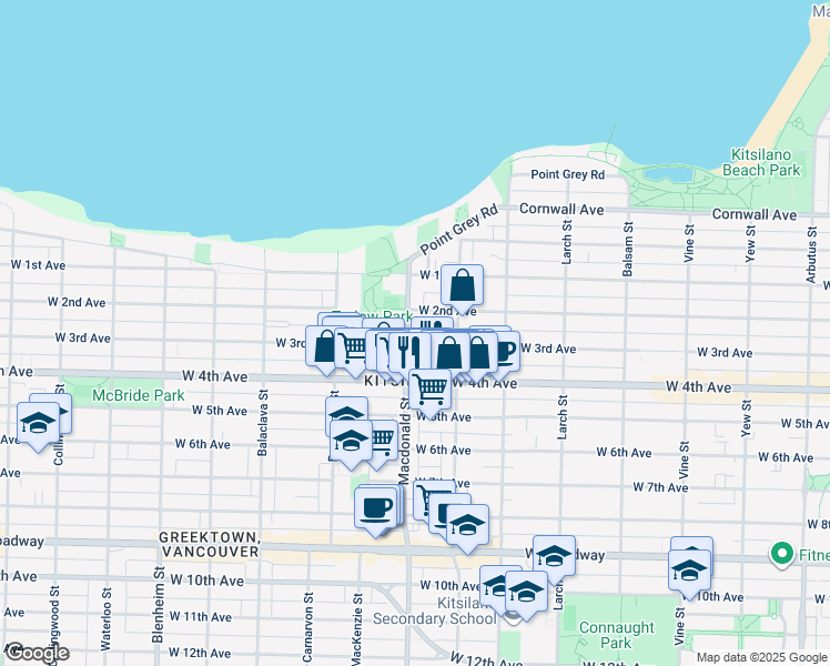 map of restaurants, bars, coffee shops, grocery stores, and more near 1842 Macdonald Street in Vancouver