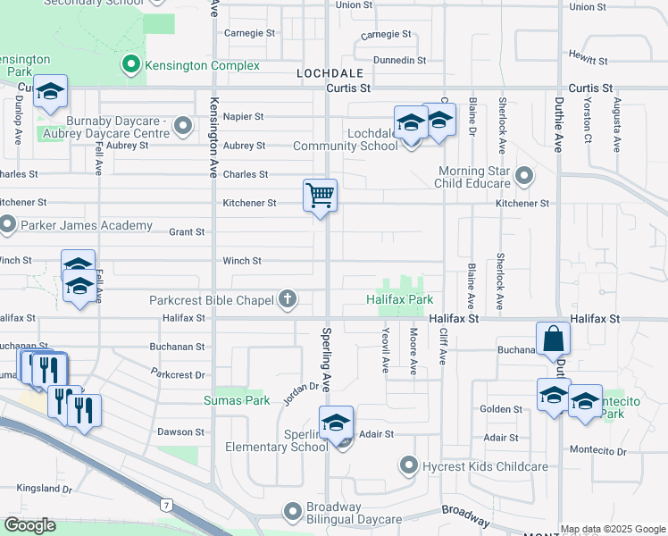 map of restaurants, bars, coffee shops, grocery stores, and more near 1610 Sperling Avenue in Burnaby