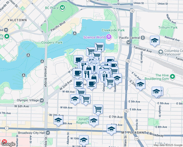 map of restaurants, bars, coffee shops, grocery stores, and more near 1783 Manitoba Street in Vancouver