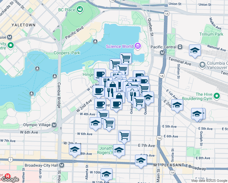 map of restaurants, bars, coffee shops, grocery stores, and more near in Vancouver