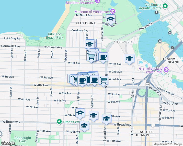 map of restaurants, bars, coffee shops, grocery stores, and more near 1821 Cypress Street in Vancouver