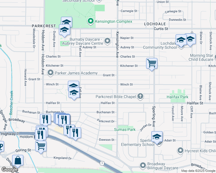 map of restaurants, bars, coffee shops, grocery stores, and more near 6390 Winch Street in Burnaby