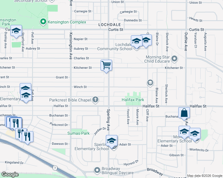 map of restaurants, bars, coffee shops, grocery stores, and more near 6708 Winch Street in Burnaby