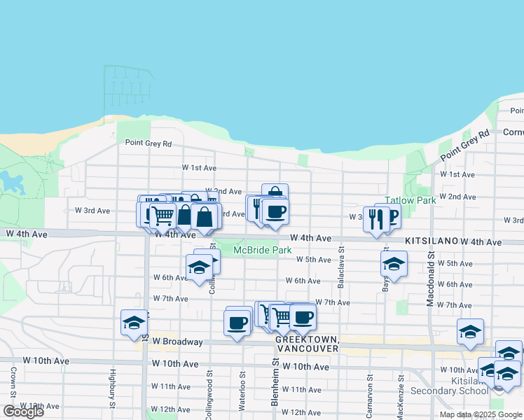 map of restaurants, bars, coffee shops, grocery stores, and more near 3343 West 3rd Avenue in Vancouver