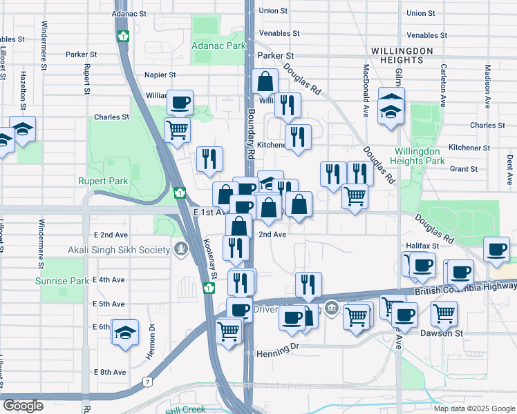 map of restaurants, bars, coffee shops, grocery stores, and more near 3730 East 1st Avenue in Burnaby