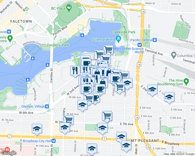 map of restaurants, bars, coffee shops, grocery stores, and more near 156 West 2nd Avenue in Vancouver