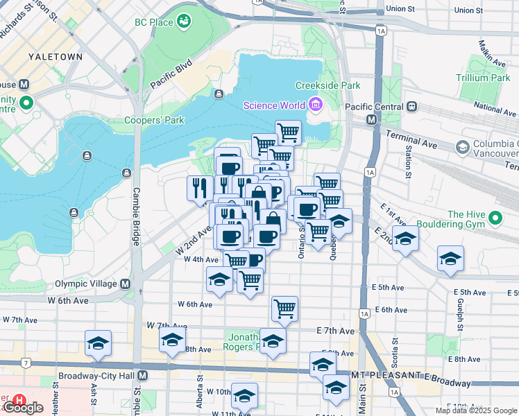 map of restaurants, bars, coffee shops, grocery stores, and more near in Vancouver