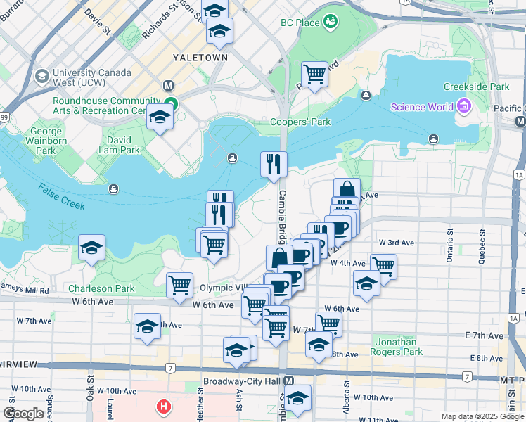 map of restaurants, bars, coffee shops, grocery stores, and more near in Vancouver