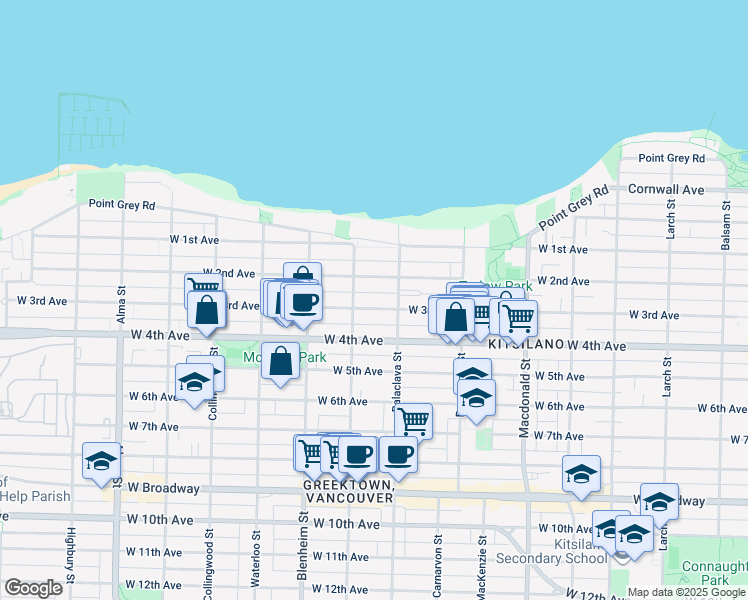 map of restaurants, bars, coffee shops, grocery stores, and more near 3147 West 3rd Avenue in Vancouver