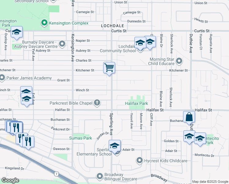 map of restaurants, bars, coffee shops, grocery stores, and more near 6708 Winch Street in Burnaby
