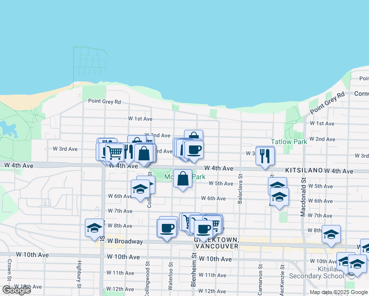 map of restaurants, bars, coffee shops, grocery stores, and more near 3343 West 3rd Avenue in Vancouver
