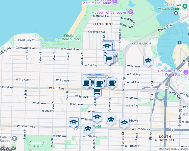 map of restaurants, bars, coffee shops, grocery stores, and more near 2006 West 2nd Avenue in Vancouver