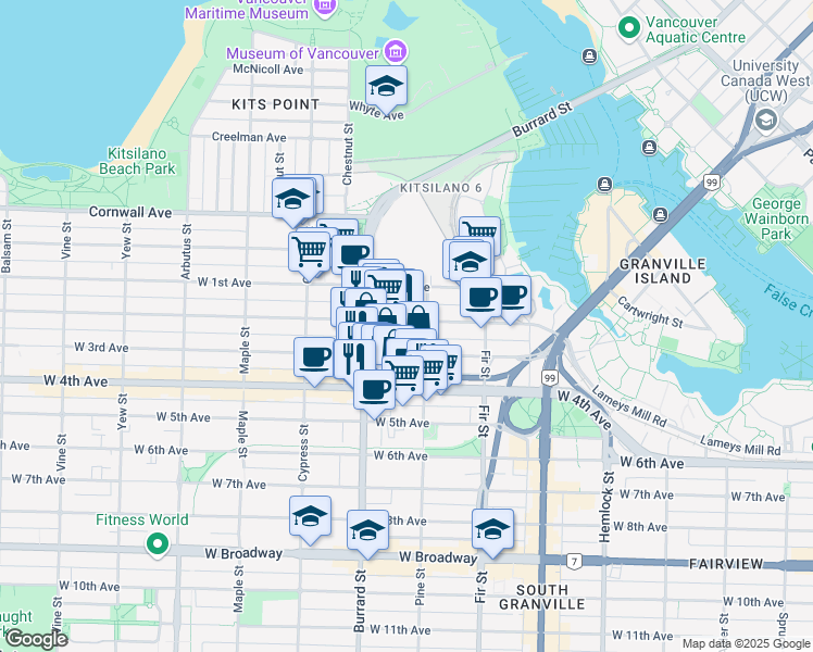 map of restaurants, bars, coffee shops, grocery stores, and more near 1738 West 3rd Avenue in Vancouver