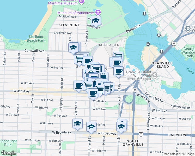 map of restaurants, bars, coffee shops, grocery stores, and more near 1750 West 2nd Avenue in Vancouver