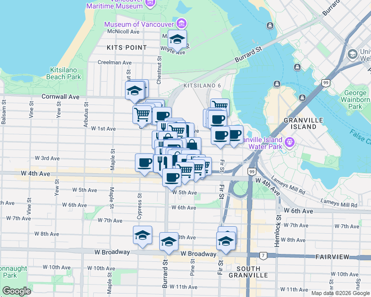map of restaurants, bars, coffee shops, grocery stores, and more near 1728 West 2nd Avenue in Vancouver