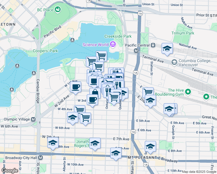 map of restaurants, bars, coffee shops, grocery stores, and more near 1762 Ontario Street in Vancouver