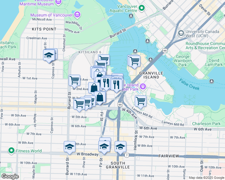 map of restaurants, bars, coffee shops, grocery stores, and more near 1508 West 2nd Avenue in Vancouver