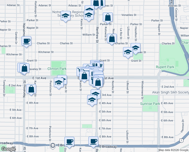 map of restaurants, bars, coffee shops, grocery stores, and more near 2889 East 1st Avenue in Vancouver