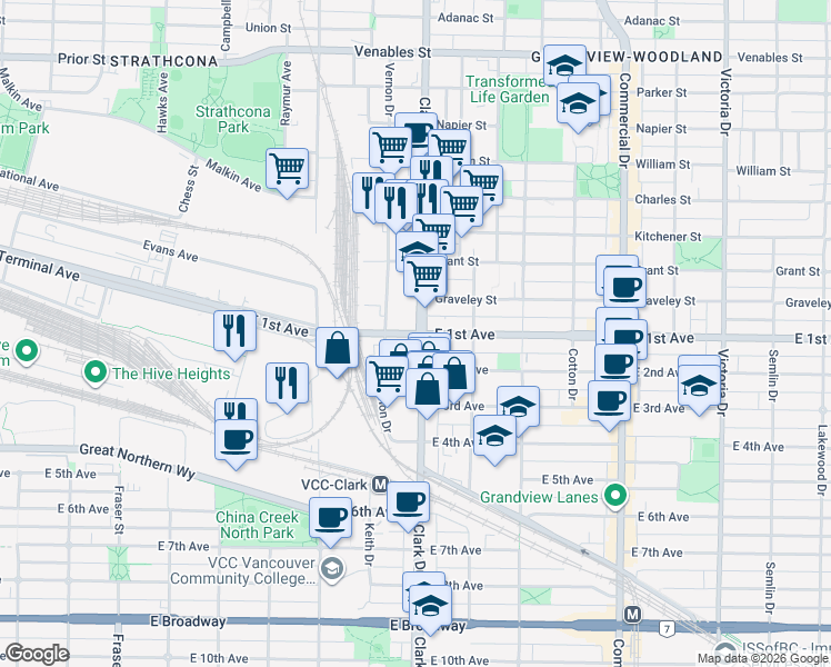 map of restaurants, bars, coffee shops, grocery stores, and more near 432 East 1st Avenue in Vancouver