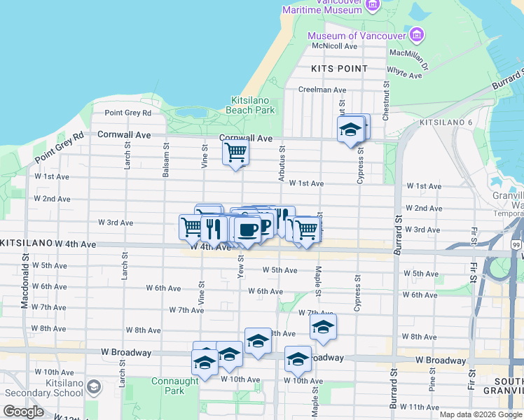 map of restaurants, bars, coffee shops, grocery stores, and more near 2148 West 2nd Avenue in Vancouver