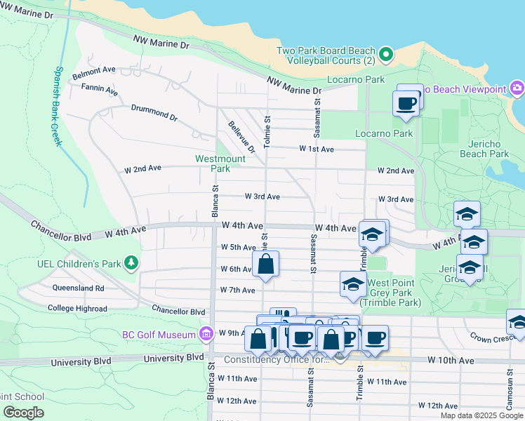 map of restaurants, bars, coffee shops, grocery stores, and more near 1937 Tolmie Street in Vancouver