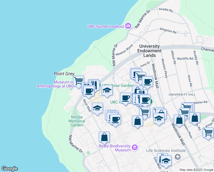 map of restaurants, bars, coffee shops, grocery stores, and more near 6265 Crescent Road in Vancouver